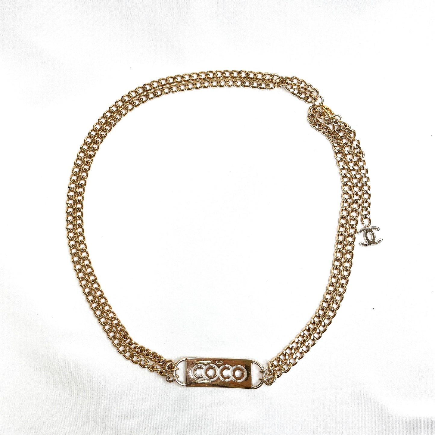 B1577 シャネル COCO ラインストーン ロゴプレート チェーン ネックレス ベルト 2way【買戻し対象】