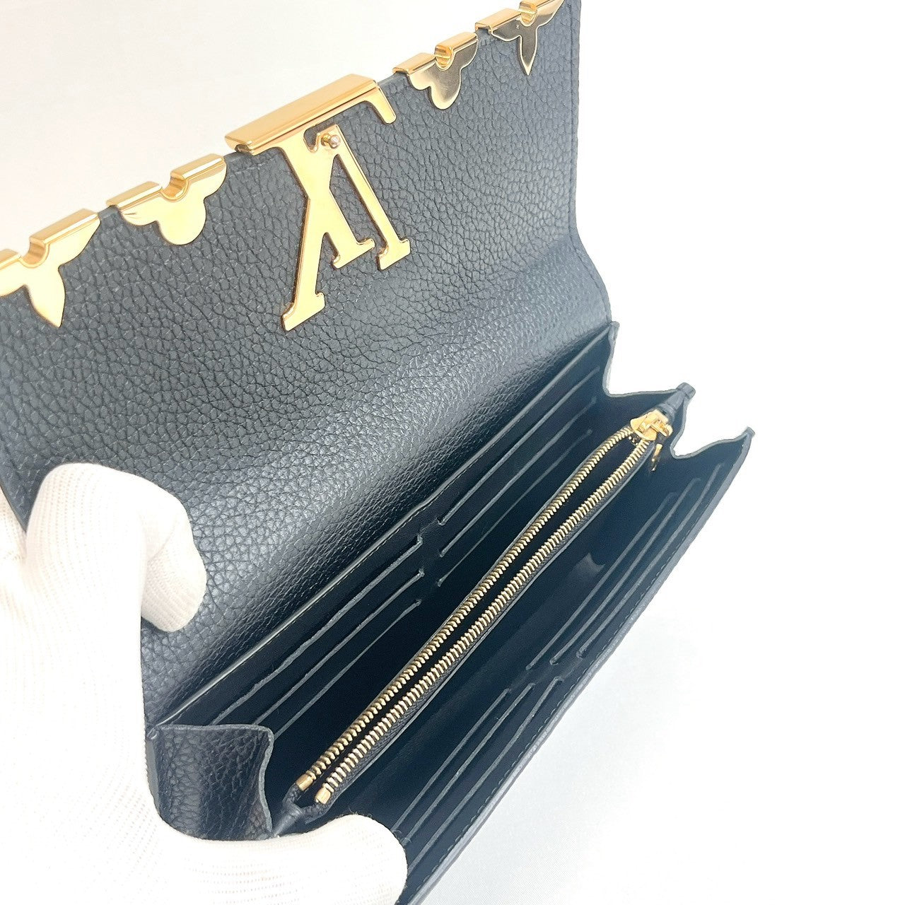 B0938 ルイヴィトン トリヨン ポルトフォイユ カプシーヌ 長財布 ブラック フラワー RFIDあり