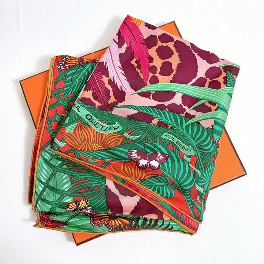 B1069 エルメス スカーフ カレ90 ジャガー ケツァール シルク タグ有 箱付き【買戻し対象】