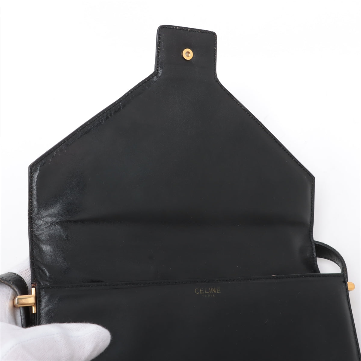 A1621 セリーヌ 馬車金具 ショルダーバッグ ブラック レザー