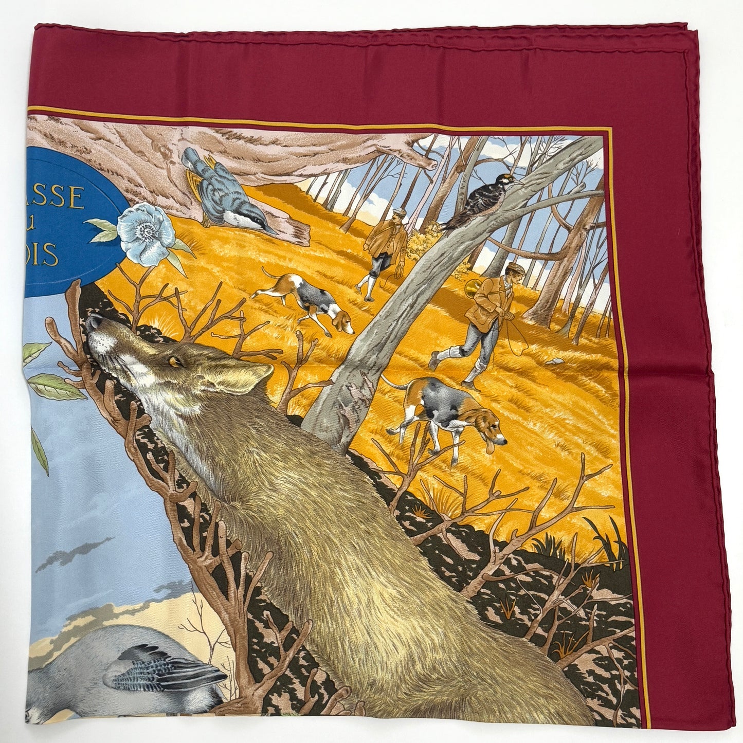 E2193 エルメス スカーフ カレ90 CHASSE au BOIS 森の狩猟 レッド シルク