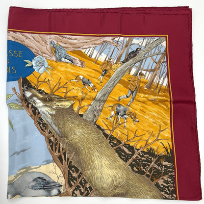 E2193 エルメス スカーフ カレ90 CHASSE au BOIS 森の狩猟 レッド シルク