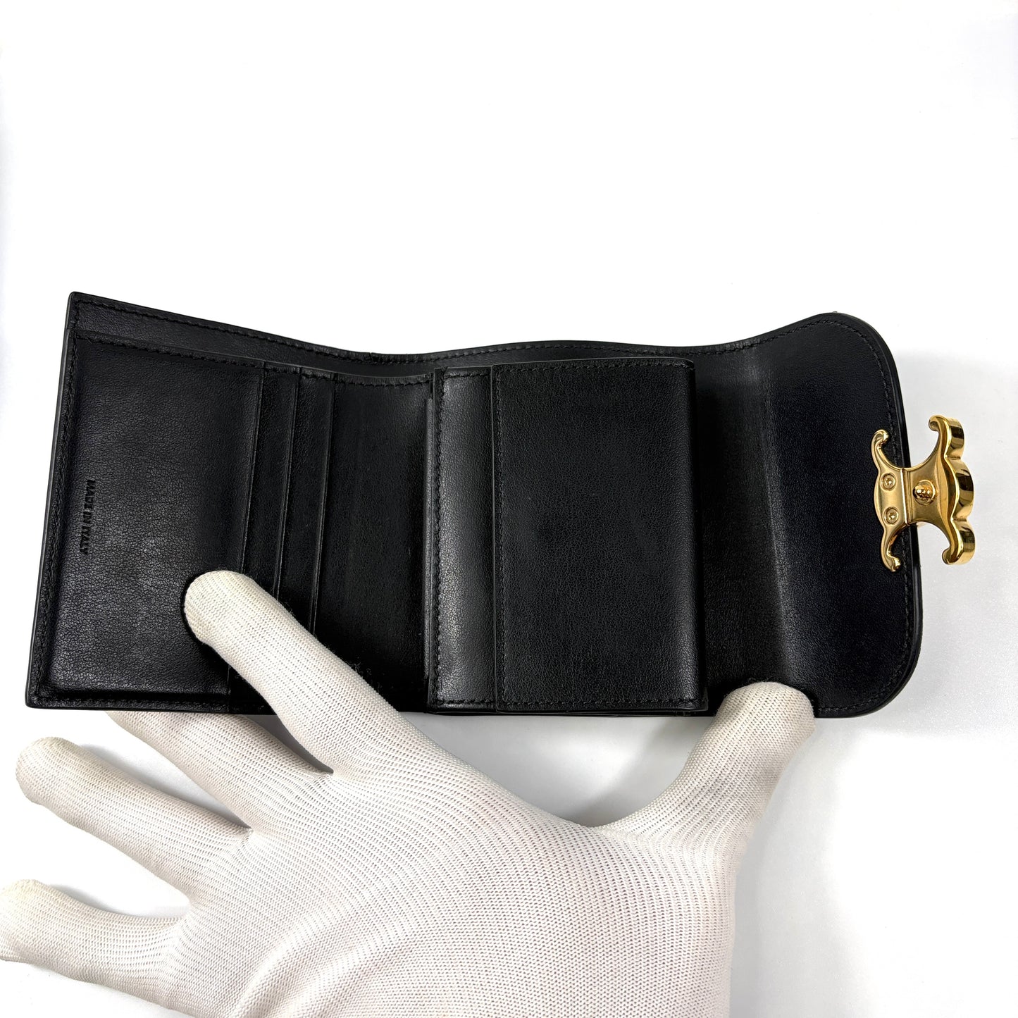 E2471 セリーヌ トリトンフ ブラックレザー ゴールド金具 三つ折り財布