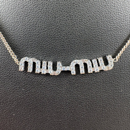 E2775 ミュウミュウ MIU MIU ロゴ ネックレス シルバー×ブルー ラインストーン