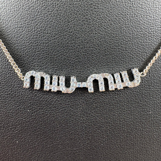 E2775 ミュウミュウ MIU MIU ロゴ ネックレス シルバー×ブルー ラインストーン