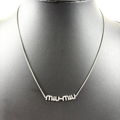 E2775 ミュウミュウ MIU MIU ロゴ ネックレス シルバー×ブルー ラインストーン