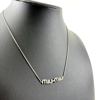 E4441 ミュウミュウ MIU MIU ロゴ ネックレス シルバー×ブルー ラインストーン