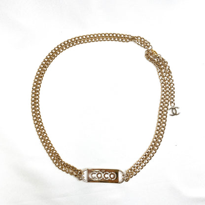 B1577 シャネル COCO ラインストーン ロゴプレート チェーン ネックレス ベルト 2way【買戻し対象】