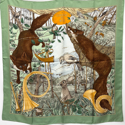 エルメス カレ90 森の狩猟 グリーン シルク スカーフ 大判 B3281