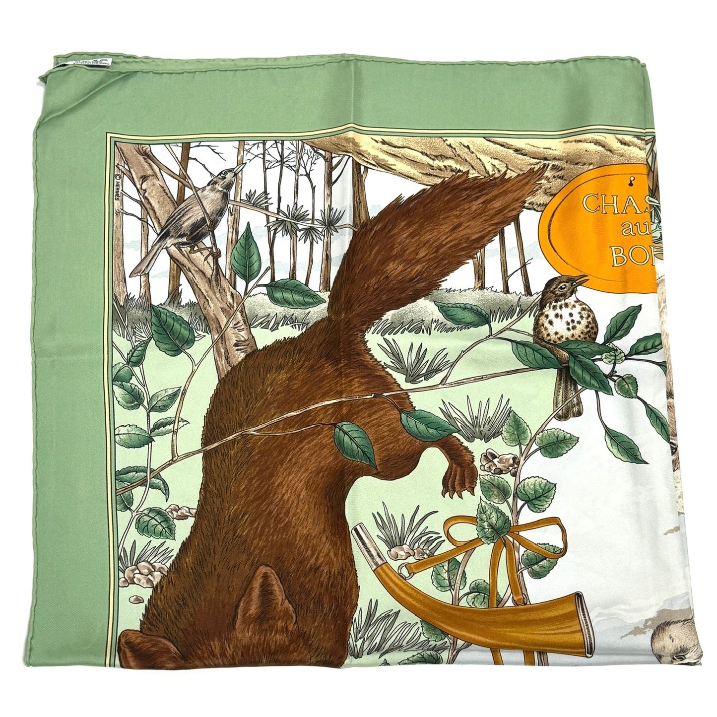 エルメス カレ90 森の狩猟 グリーン シルク スカーフ 大判 B3281