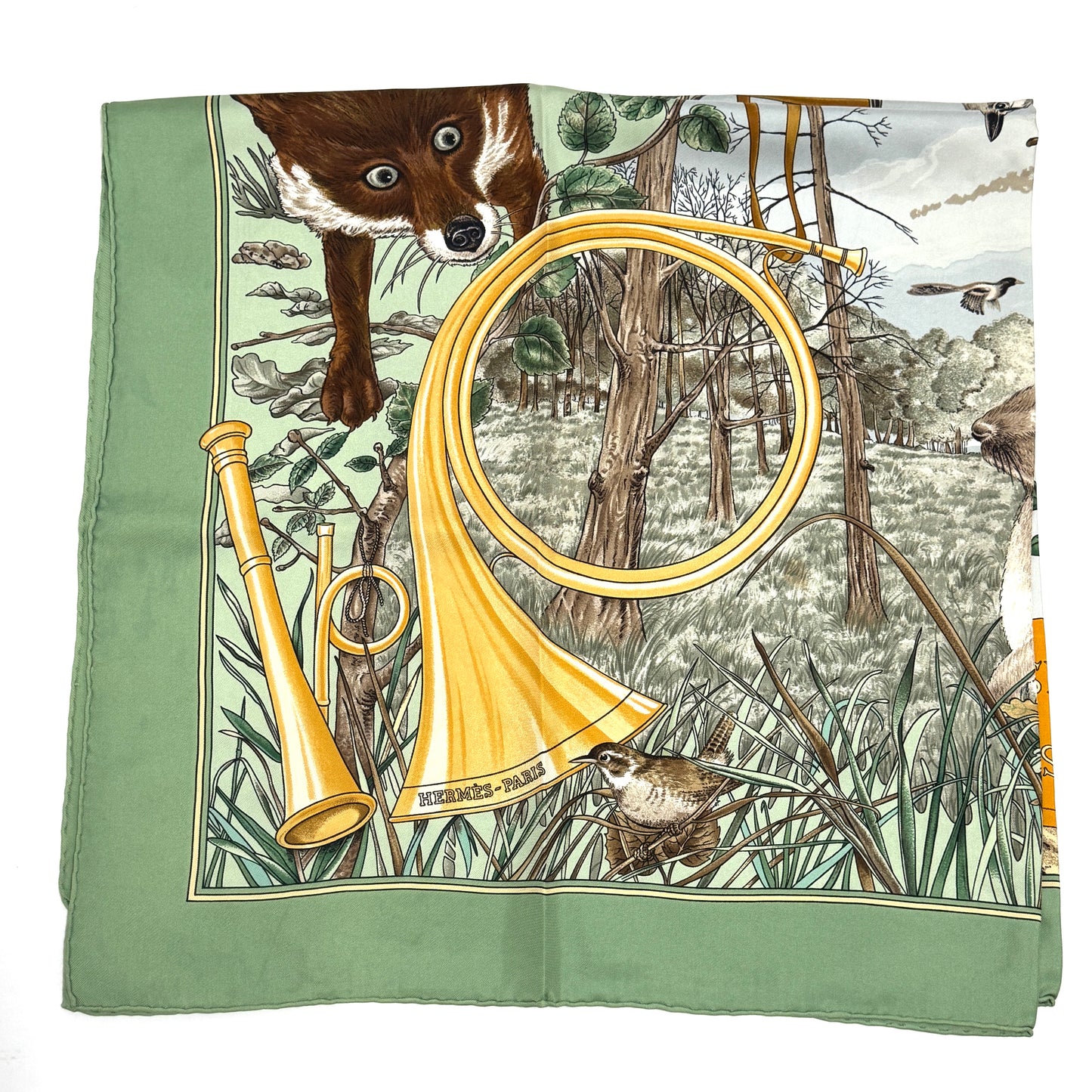 エルメス カレ90 森の狩猟 グリーン シルク スカーフ 大判 B3281