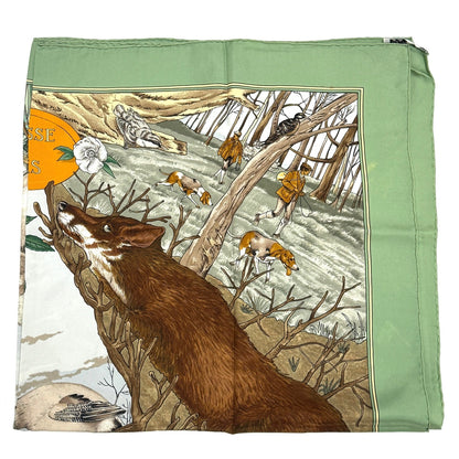 エルメス カレ90 森の狩猟 グリーン シルク スカーフ 大判 B3281