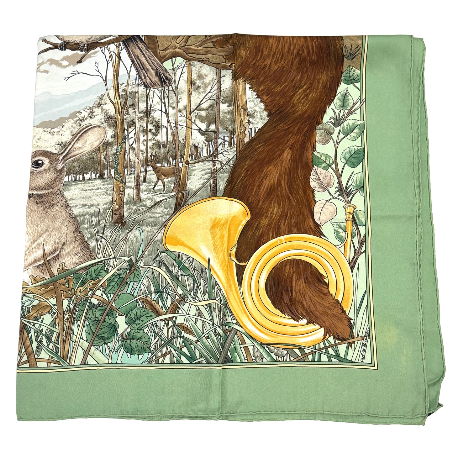 エルメス カレ90 森の狩猟 グリーン シルク スカーフ 大判 B3281