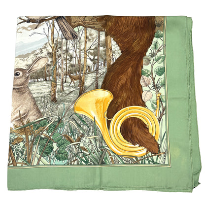 エルメス カレ90 森の狩猟 グリーン シルク スカーフ 大判 B3281