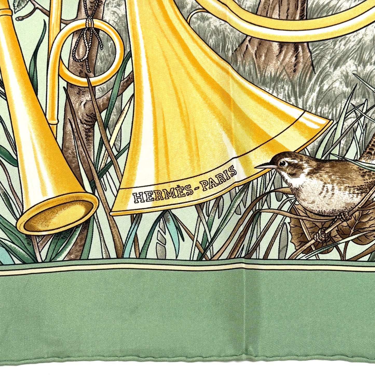 エルメス カレ90 森の狩猟 グリーン シルク スカーフ 大判 B3281