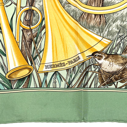 エルメス カレ90 森の狩猟 グリーン シルク スカーフ 大判 B3281