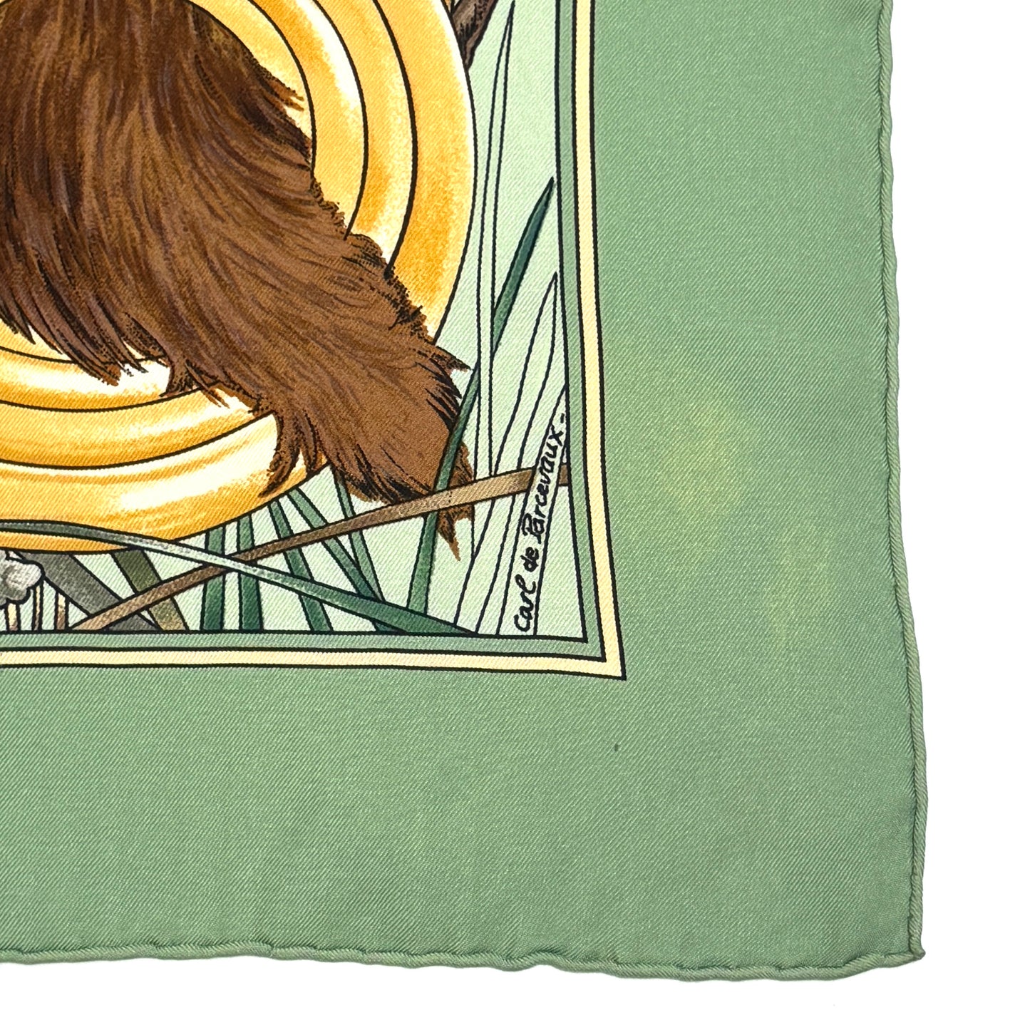 エルメス カレ90 森の狩猟 グリーン シルク スカーフ 大判 B3281