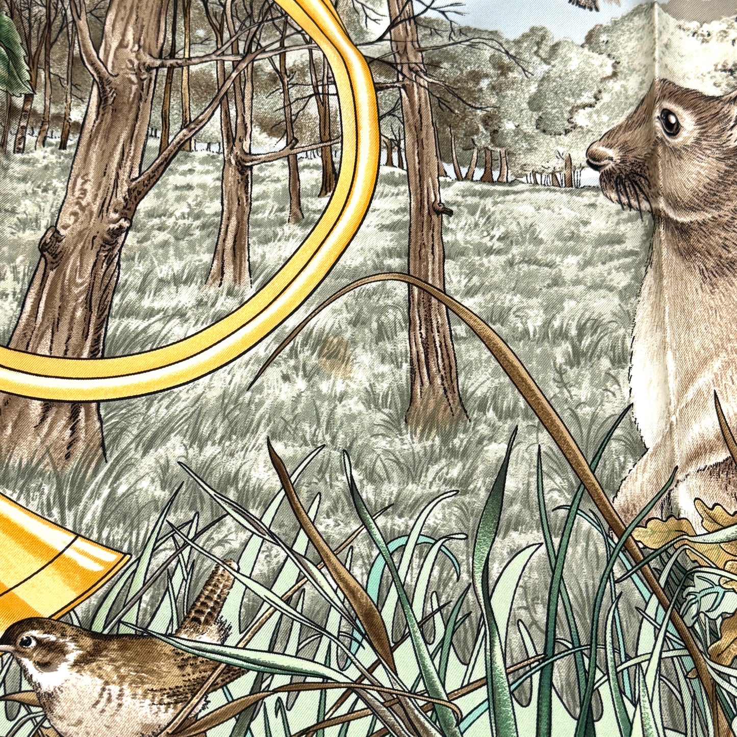 エルメス カレ90 森の狩猟 グリーン シルク スカーフ 大判 B3281