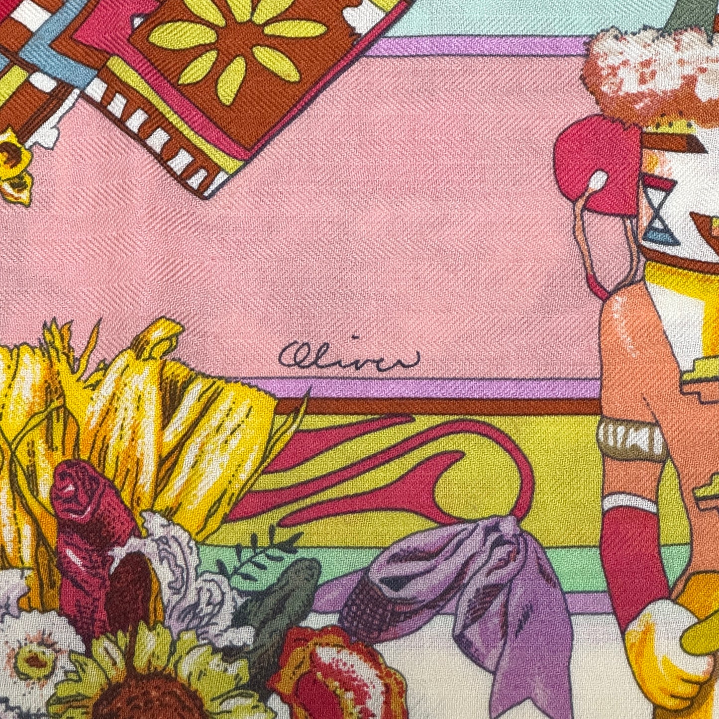 エルメス カレジェアン カレ140 Kachinas カチナ ストール カシミヤ×シルク レッド×ピンク E1986
