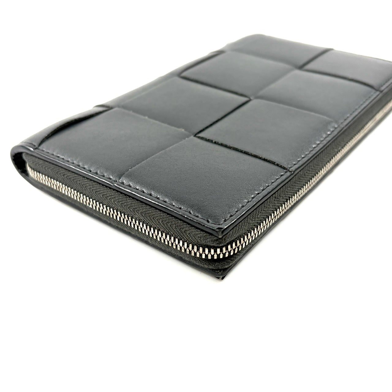 E2304 ボッテガヴェネタ マキシイントレチャート カセットロング長財布 レザー グレー×カーキ バイカラー IC